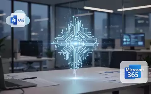 A glowing AI symbol integrated into a corporate desktop environment, symbolizing Microsoft Copilot's automatic installation. - Foto: über boerse-global.de