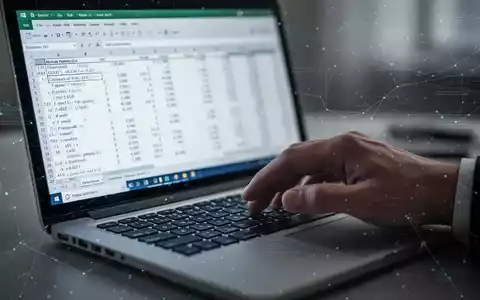 A hand types on a laptop keyboard, with a blurred Excel spreadsheet showing data and formulas on the screen. - Foto: über boerse-global.de