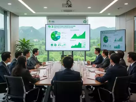 Eine Gruppe von Fachleuten nimmt an einem ESG-Workshop in einem modernen Konferenzraum in Vietnam teil, mit grüner Landschaft im Hintergrund. - Foto: über boerse-global.de