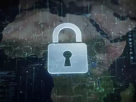 A digital padlock icon over a blurred map of Kenya with data streams, symbolizing national cybersecurity and digital defense. - Foto: über boerse-global.de
