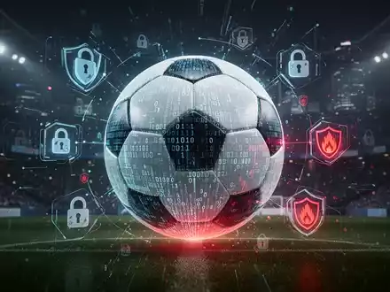 A glowing soccer ball made of binary code, surrounded by digital security icons, against a dark, futuristic stadium backdrop. - Foto: über boerse-global.de