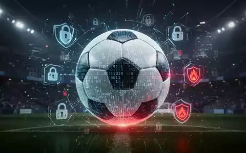 A glowing soccer ball made of binary code, surrounded by digital security icons, against a dark, futuristic stadium backdrop. - Foto: über boerse-global.de