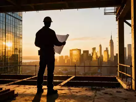 Eine stilisierte Silhouette eines Bauarbeiters auf einem Hochhaus im Bau, der über eine Stadtlandschaft bei Sonnenaufgang blickt. - Foto: über boerse-global.de
