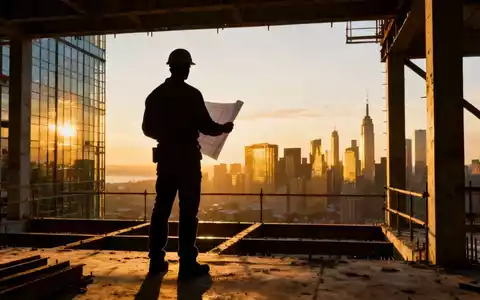 Eine stilisierte Silhouette eines Bauarbeiters auf einem Hochhaus im Bau, der über eine Stadtlandschaft bei Sonnenaufgang blickt. - Foto: über boerse-global.de