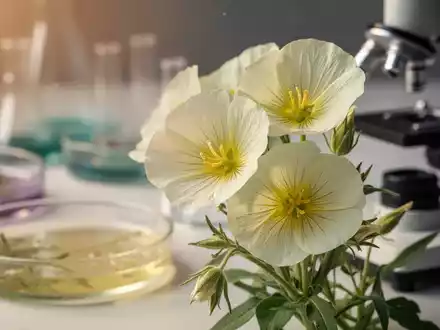 Nahaufnahme von Nachtkerzenblüten mit verschwommenen wissenschaftlichen Forschungselementen im Hintergrund, die natürliche Therapie und wissenschaftliche Studie symbolisieren. - Foto: über boerse-global.de