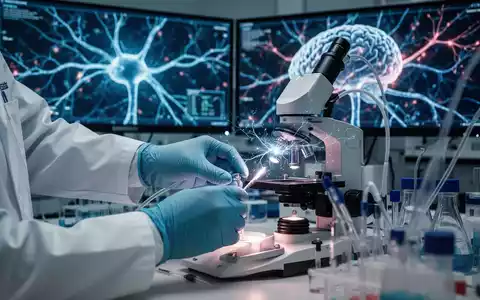 Nahaufnahme von Händen eines Wissenschaftlers, die Laborgeräte bedienen, mit leuchtenden neuronalen Netzwerken im Hintergrund. - Foto: über boerse-global.de