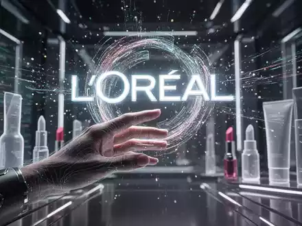 A futuristic hand reaching towards a glowing L'Oréal logo with digital streams, symbolizing AI integration in beauty technology. - Foto: über boerse-global.de