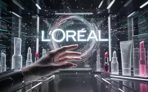 A futuristic hand reaching towards a glowing L'Oréal logo with digital streams, symbolizing AI integration in beauty technology. - Foto: über boerse-global.de