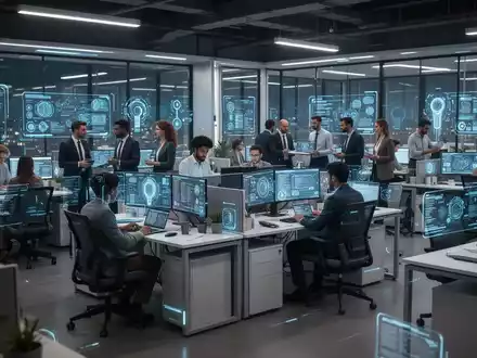 Professionals working in a modern, flexible office with mobile devices and integrated AI tools, showcasing high-mobility workspaces. - Foto: über boerse-global.de