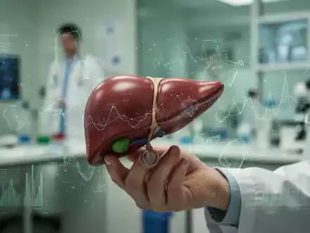 Eine junge Hand hält ein Lebermodell, überlagert mit subtilen Datenvisualisierungen, im Hintergrund ein Arztzimmer. - Foto: über boerse-global.de