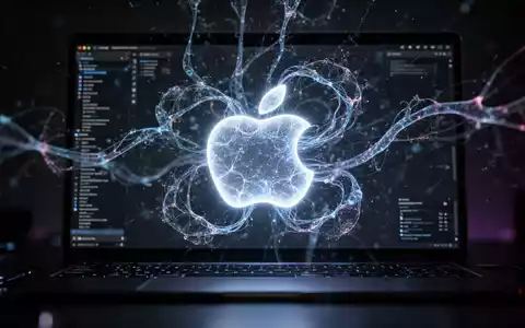 A glowing Apple logo projected onto a dark desktop with abstract AI neural network patterns, symbolizing advanced technology and intelligence. - Foto: über boerse-global.de