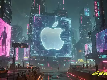 A futuristic, neon-lit cityscape from Cyberpunk 2077 with a glowing Apple logo subtly integrated into a digital billboard. - Foto: über boerse-global.de