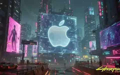 A futuristic, neon-lit cityscape from Cyberpunk 2077 with a glowing Apple logo subtly integrated into a digital billboard. - Foto: über boerse-global.de