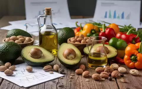 Nahaufnahme einer Anordnung von gesunden Fetten und frischem Gemüse auf einem Holztisch mit unscharfen wissenschaftlichen Dokumenten im Hintergrund. - Foto: über boerse-global.de