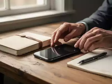 Eine Person legt ein Smartphone bewusst verdeckt auf einen Holztisch neben einem Notizbuch und einem Stift, um digitale Ablenkung zu vermeiden. - Foto: über boerse-global.de