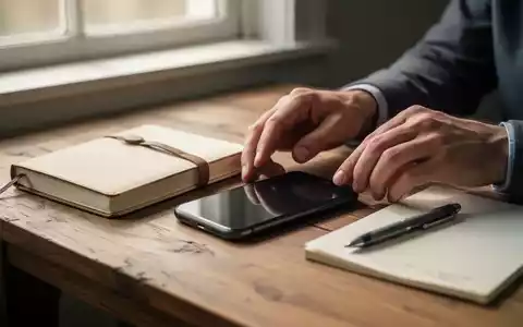 Eine Person legt ein Smartphone bewusst verdeckt auf einen Holztisch neben einem Notizbuch und einem Stift, um digitale Ablenkung zu vermeiden. - Foto: über boerse-global.de