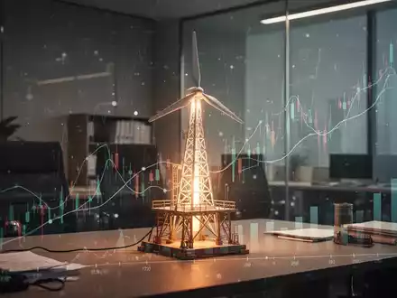 Eine stilisierte digitale Darstellung einer Energiequelle, überlagert mit abstrakten Finanzdaten, in einem Büroambiente. - Foto: über boerse-global.de
