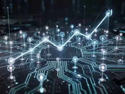 A glowing, intricate circuit board with data nodes and an overlaid upward trend graph, symbolizing AI's impact on technology costs. - Foto: über boerse-global.de