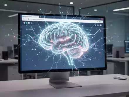 A glowing AI neural network integrated into a web browser interface on a computer screen, representing AI-driven web browsing. - Foto: über boerse-global.de