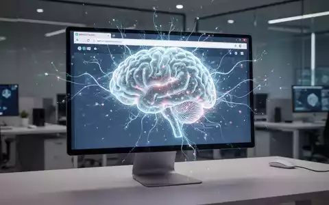 A glowing AI neural network integrated into a web browser interface on a computer screen, representing AI-driven web browsing. - Foto: über boerse-global.de