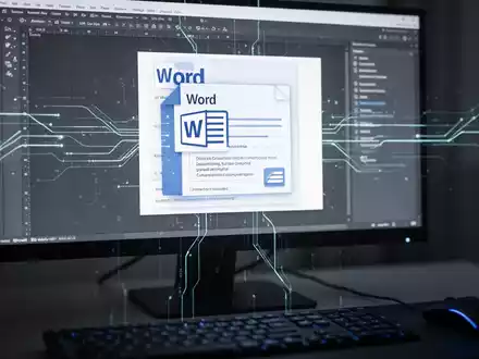 A close-up of a computer screen showing a JPG image transforming into an editable Word document with data transfer lines. - Foto: über boerse-global.de