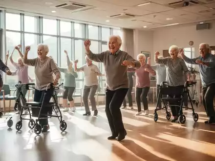 Ältere Menschen tanzen in einem hellen Gemeinschaftssaal, einige nutzen Rollatoren, was körperliche Aktivität und soziale Interaktion fördert. - Foto: über boerse-global.de