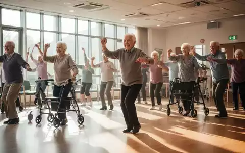 Ältere Menschen tanzen in einem hellen Gemeinschaftssaal, einige nutzen Rollatoren, was körperliche Aktivität und soziale Interaktion fördert. - Foto: über boerse-global.de