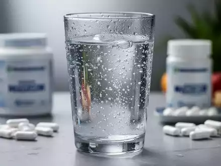 Ein klares Glas Mineralwasser mit Bläschen und Kondenswasser. Im unscharfen Hintergrund sind Nahrungsergänzungsmittel zu sehen. - Foto: über boerse-global.de