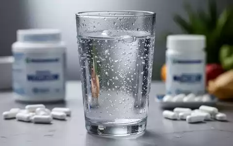 Ein klares Glas Mineralwasser mit Bläschen und Kondenswasser. Im unscharfen Hintergrund sind Nahrungsergänzungsmittel zu sehen. - Foto: über boerse-global.de