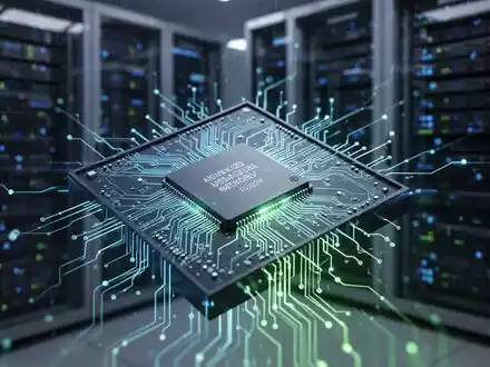 A close-up of a high-tech microchip, glowing with blue and green light, representing advanced memory and AI technology. - Foto: über boerse-global.de