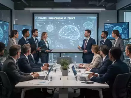 Banking professionals in a modern office, participating in an AI ethics training session with digital screens displaying data. - Foto: über boerse-global.de