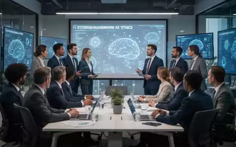Banking professionals in a modern office, participating in an AI ethics training session with digital screens displaying data. - Foto: über boerse-global.de