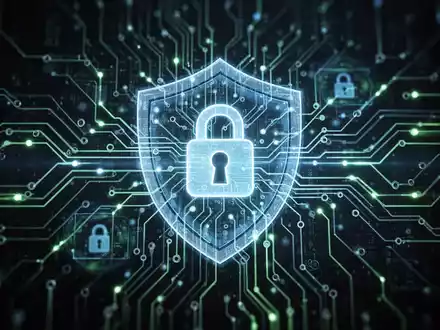 A glowing, abstract representation of a neural network or circuit board with digital security icons overlaid, symbolizing AI security. - Foto: über boerse-global.de