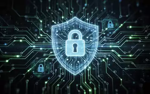 A glowing, abstract representation of a neural network or circuit board with digital security icons overlaid, symbolizing AI security. - Foto: über boerse-global.de