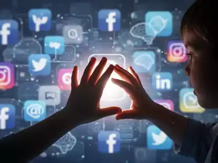 A child's hand reaches towards a glowing screen with blurred social media and AI icons in the background, symbolizing digital interaction and protection. - Foto: über boerse-global.de