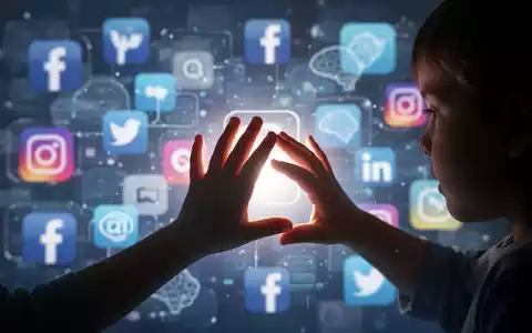 A child's hand reaches towards a glowing screen with blurred social media and AI icons in the background, symbolizing digital interaction and protection. - Foto: über boerse-global.de