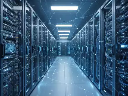 A vast, futuristic server room with rows of glowing blue AI server racks, symbolizing Google's investment in artificial intelligence infrastructure. - Foto: über boerse-global.de