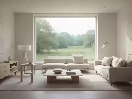 Ein minimalistisches Wohnzimmer mit hellem Design, wenigen Möbeln und einem Fenster, das eine ruhige Landschaft zeigt. - Foto: über boerse-global.de