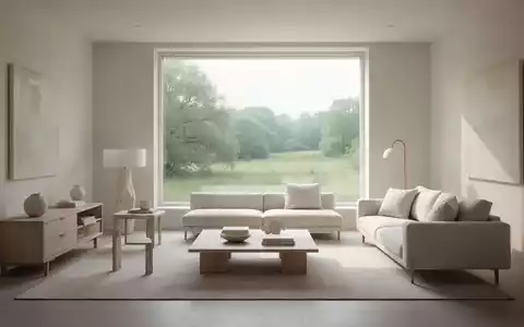 Ein minimalistisches Wohnzimmer mit hellem Design, wenigen Möbeln und einem Fenster, das eine ruhige Landschaft zeigt. - Foto: über boerse-global.de