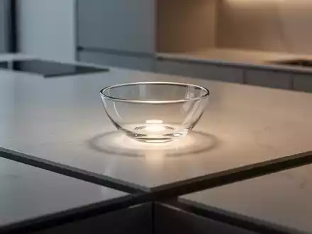 Eine elegante, minimalistische Küche mit einer nahtlosen Arbeitsplatte aus hellem Dekton und einer leuchtenden Glasschale, die Technologie integriert. - Foto: über boerse-global.de