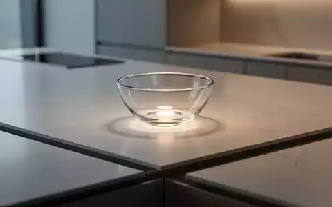 Eine elegante, minimalistische Küche mit einer nahtlosen Arbeitsplatte aus hellem Dekton und einer leuchtenden Glasschale, die Technologie integriert. - Foto: über boerse-global.de
