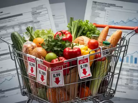 Ein Einkaufswagen mit Lebensmitteln und Preisschildern, die Preissenkungen anzeigen, im Vordergrund von Steuerdokumenten. - Foto: über boerse-global.de
