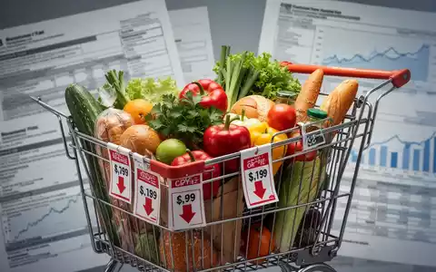 Ein Einkaufswagen mit Lebensmitteln und Preisschildern, die Preissenkungen anzeigen, im Vordergrund von Steuerdokumenten. - Foto: über boerse-global.de