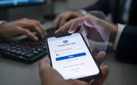 Nahaufnahme eines Smartphone-Bildschirms mit einer betrügerischen Bank-Login-Seite und einer Person, die im Hintergrund tippt. - Foto: über boerse-global.de