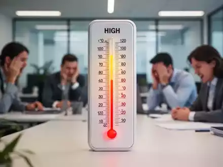 Ein Thermometer in einem modernen Büro zeigt hohe Temperaturen an, im Hintergrund angedeutete, unbehagliche Büroangestellte. - Foto: über boerse-global.de