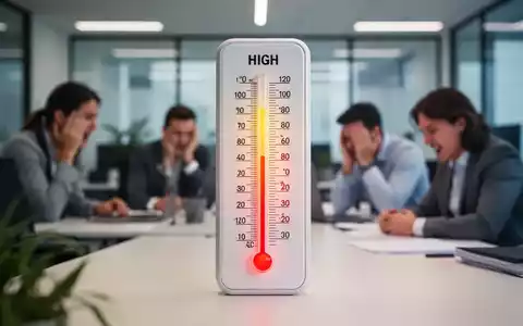 Ein Thermometer in einem modernen Büro zeigt hohe Temperaturen an, im Hintergrund angedeutete, unbehagliche Büroangestellte. - Foto: über boerse-global.de
