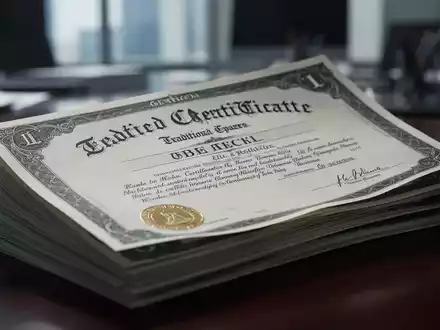 Nahaufnahme von traditionellen Papieraktienzertifikaten, die auf einem Schreibtisch gestapelt sind, mit unscharfem Bürohintergrund. - Foto: über boerse-global.de