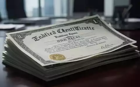 Nahaufnahme von traditionellen Papieraktienzertifikaten, die auf einem Schreibtisch gestapelt sind, mit unscharfem Bürohintergrund. - Foto: über boerse-global.de