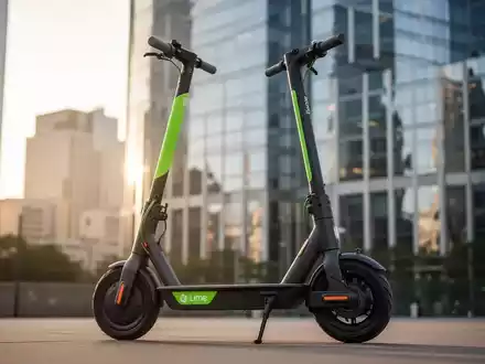 Ein moderner, elektrischer Roller mit grünen Akzenten vor einem unscharfen Finanzviertel, der Investition und Mobilität symbolisiert. - Foto: über boerse-global.de
