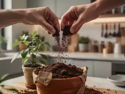 Eine Hand streut Kaffeesatz auf eine Topfpflanze in einer modernen Küche, symbolisierend Haushaltstipps und Ressourceneffizienz. - Foto: über boerse-global.de